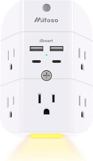 Mifaso 5-Outlet Surge Protector Outlet Extender with 4 USB Ports and Night Light